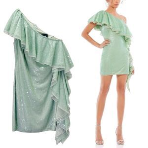Mac Duggal Sage Sequin One Shoulder Ruffle Mini Dress Size 6 Party Cocktail